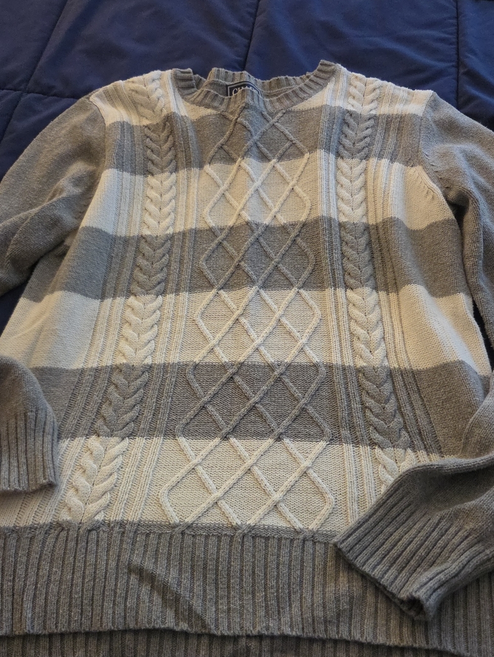 Chaps Gray & Cream Striped Cable-Knit Crewneck Sweater